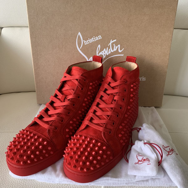 ルブタン スニーカー 偽物 鮮やかな赤★Christian Louboutin Lou Spikes スエード★スニーカー