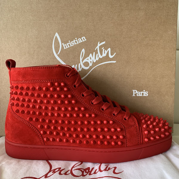 ルブタン スニーカー 偽物 鮮やかな赤★Christian Louboutin Lou Spikes スエード★スニーカー