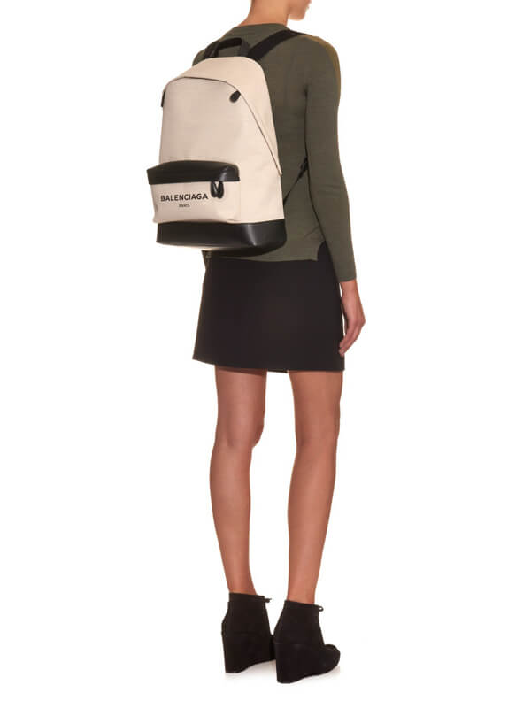 2015-16AW バレンシアガ NAVY SAC A DOS Canvas バレンシアガ コピーユニセックスキャンバス&times;ブラックレザーのバックパック NAVY CABAS B6719