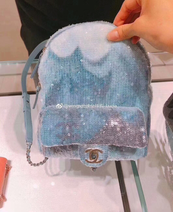 18SS☆シャネルコピー☆スパンコール シルバー金具 バックパック/ブルー A57418 Y83561