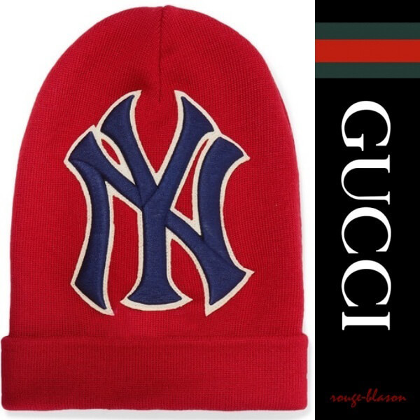 グッチ NY Yankees キャップ コピー グッチ ニューヨークヤンキース パッチ付*レッドウールニット embroidered wool beanie 色：レッド 素材：ウール100％ 品番：542719 4G206 6500