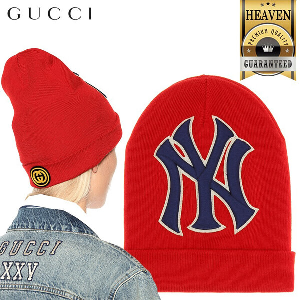 グッチ NY Yankees キャップ コピー グッチ ニューヨークヤンキース パッチ付*レッドウールニット embroidered wool beanie 色：レッド 素材：ウール100％ 品番：542719 4G206 6500