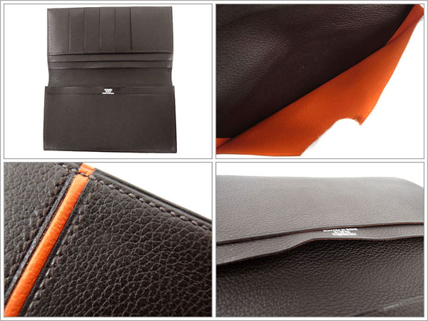 エルメス 二つ折り長財布 エベンヌ×オレンジ ヴォーエヴァーグレイン L刻印 エルメス 財布