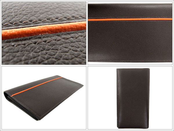 エルメス 二つ折り長財布 エベンヌ×オレンジ ヴォーエヴァーグレイン L刻印 エルメス 財布