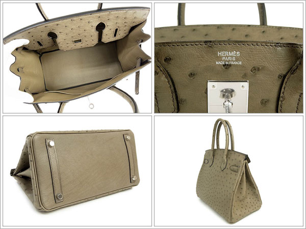エルメス バーキン 30 cm ハンドバッグ ムース×シルバー金具 オーストリッチ Q刻印 エルメス Birkin バッグRA16-G