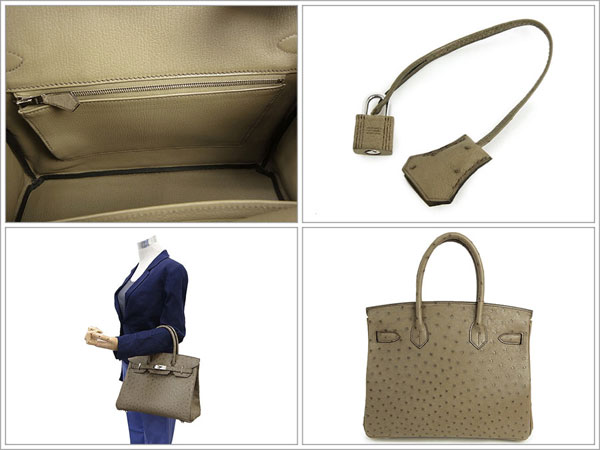 エルメス バーキン 30 cm ハンドバッグ ムース×シルバー金具 オーストリッチ Q刻印 エルメス Birkin バッグRA16-G