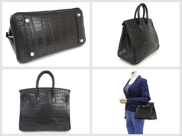 エルメス バーキン 25 cm ハンドバッグ ブラック×シルバー金具 クロコダイル ニロティカス マット Q刻印 エルメス Birkin バッグ