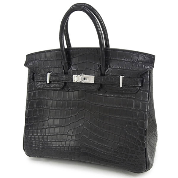 エルメス バーキン 25 cm ハンドバッグ ブラック×シルバー金具 クロコダイル ニロティカス マット Q刻印 エルメス Birkin バッグ