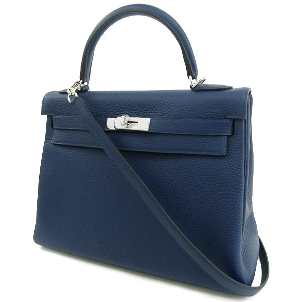 エルメス ハンドバッグ ケリー 32 cm 内縫い ブルーサフィール×シルバー金具 Q刻印