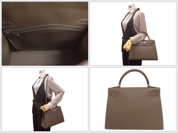 エルメス ハンドバッグ ケリー 32 cm 外縫い エトゥープ×シルバー金具 ヴォーエプソン Q刻印 エルメス Kelly バッグ QK22-GZ