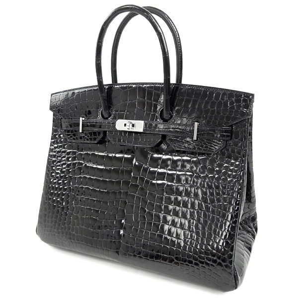 エルメス バーキン 35 cm ハンドバッグ ブラック×シルバー金具 クロコダイル ポロサス シャイン Q刻印 QK29-GZ