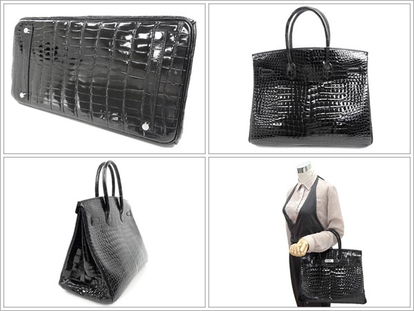 エルメス バーキン 35 cm ハンドバッグ ブラック×シルバー金具 クロコダイル ポロサス シャイン Q刻印 QK29-GZ
