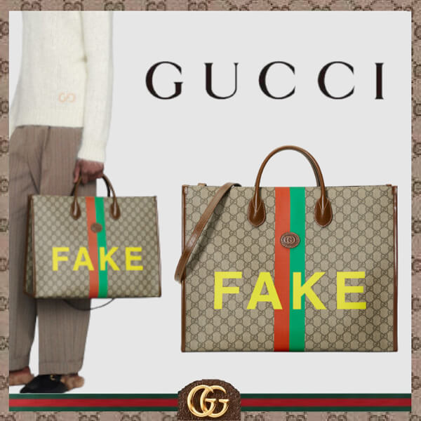 【グッチ】"FAKE/NOT" グッチ トートバッグ 偽物 プリント ラージ