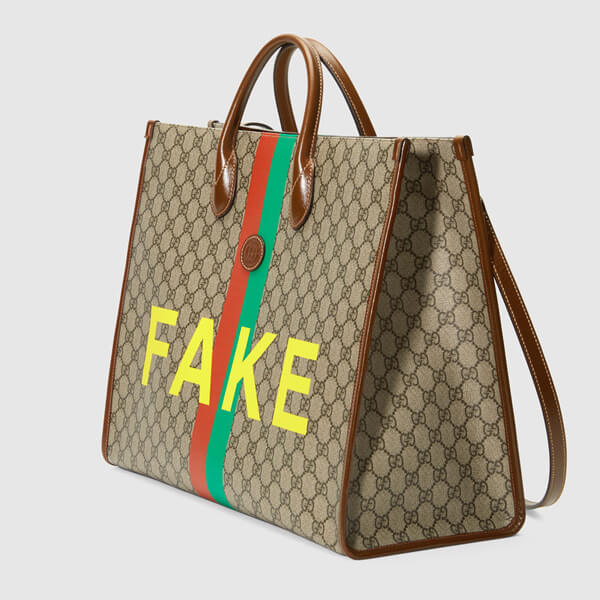 【グッチ】"FAKE/NOT" グッチ トートバッグ 偽物 プリント ラージ
