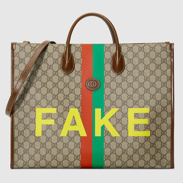 【グッチ】"FAKE/NOT" グッチ トートバッグ 偽物 プリント ラージ