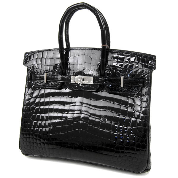 エルメス バーキン 25 cm ハンドバッグ ブラック×シルバー金具 クロコダイル ニロティカス シャイン Q刻印 エルメス birkin バッグ