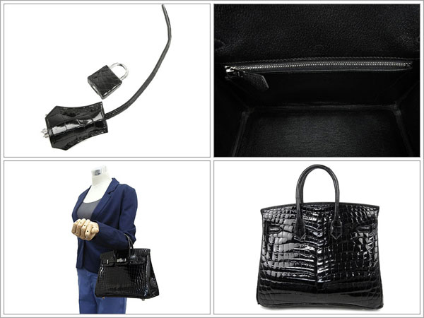 エルメス バーキン 25 cm ハンドバッグ ブラック×シルバー金具 クロコダイル ニロティカス シャイン Q刻印 エルメス birkin バッグ