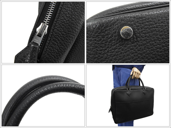 エルメス ビジネスバッグ プリュムドッグ ハンドバッグ ブラック×シルバー金具 フィヨルド F刻印 エルメス バッグ ブリーフケース QL17-COT