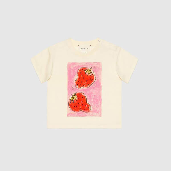 グッチ いちご 偽物 Tシャツ ロゴ 2020新作 ホワイト ユニセックス いちご 果物 白