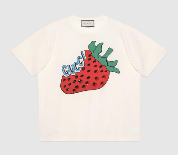 2020新作限定人気 グッチ★グッチ いちご 偽物 Tシャツ 大人コーデ ストロベリーオーバーサイズ 539081 XJA2J 7136