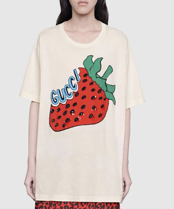 2020新作限定人気 グッチ★グッチ いちご 偽物 Tシャツ 大人コーデ ストロベリーオーバーサイズ 539081 XJA2J 7136