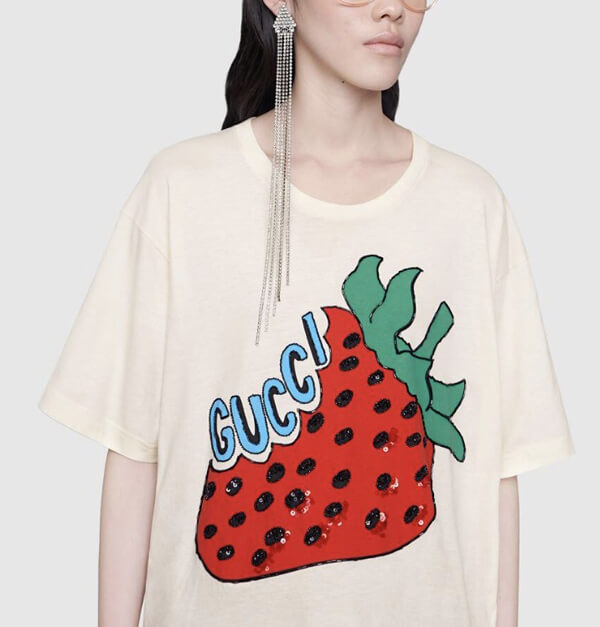2020新作限定人気 グッチ★グッチ いちご 偽物 Tシャツ 大人コーデ ストロベリーオーバーサイズ 539081 XJA2J 7136
