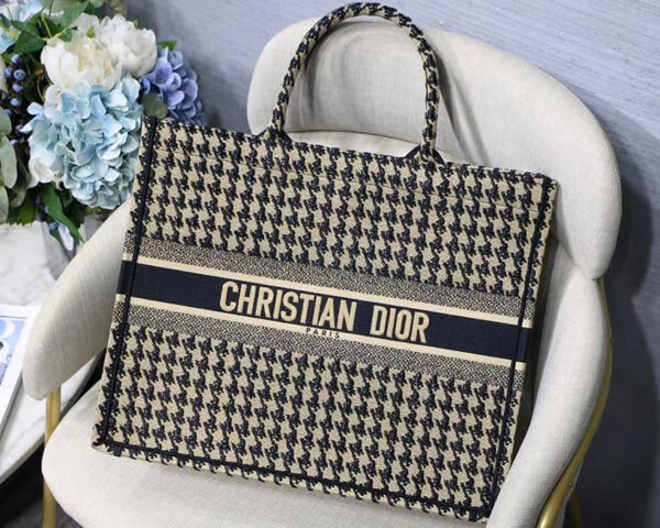 ディオール ブックトート コピー ディオール Book Tote ブックトート ルレックス刺繍入りブラックのハウンドトゥース