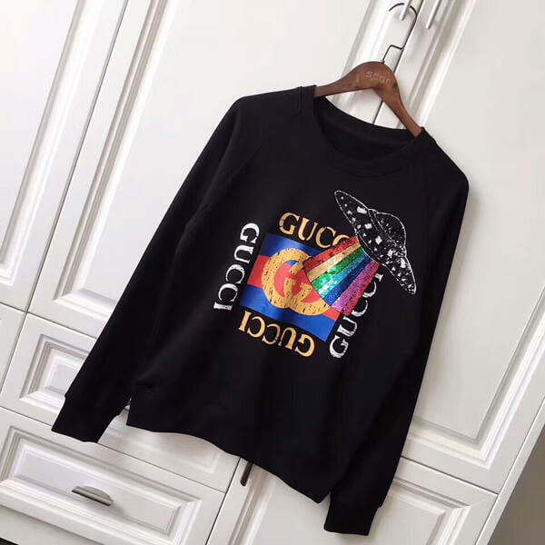 18AW新作 グッチコピー コットン UFO刺繍 スウェットシャツ BLACK