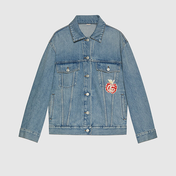 グッチ レ ポム 偽物【2021-22 AW】グッチ ジャケット コピー アップル＆ハート レポム パッチ デニム リンゴ 661689 XDBP2 4452