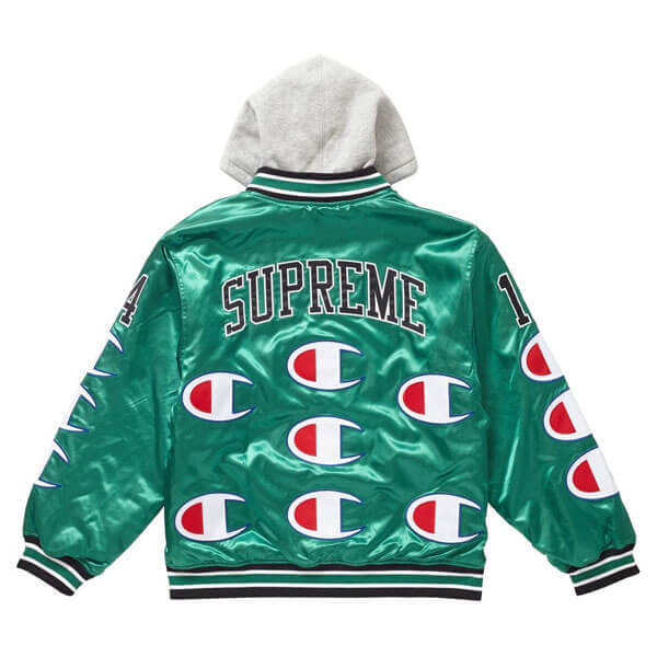 supreme champion 偽物 シュプリーム ボックス ロゴ パーカー Hooded Satin Varsity Jacket Kelly Green