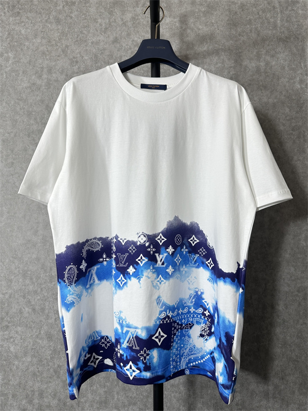 おすすめ人気アイテム ルイ ヴィトン Tシャツ プリント柄 グラデーション LOUIS VUITTON 純綿生地 白と青