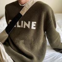 セリーヌ CELINE 新作レザーアップリケ刺繍文字ツートン ニット ゆったりとしたセーターコピー