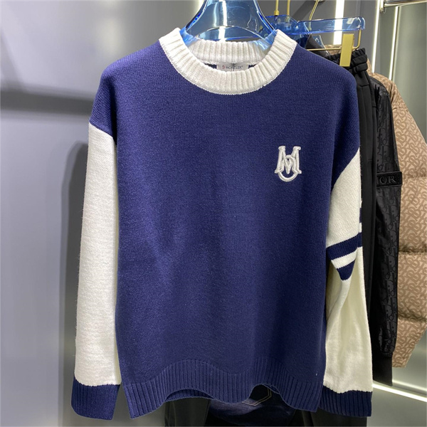 モンクレール コピー セーター ウール クルーネック 白と青 刺繡ロゴ ニット MONCLER