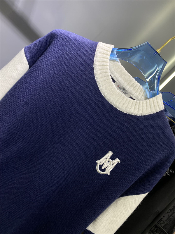 モンクレール コピー セーター ウール クルーネック 白と青 刺繡ロゴ ニット MONCLER