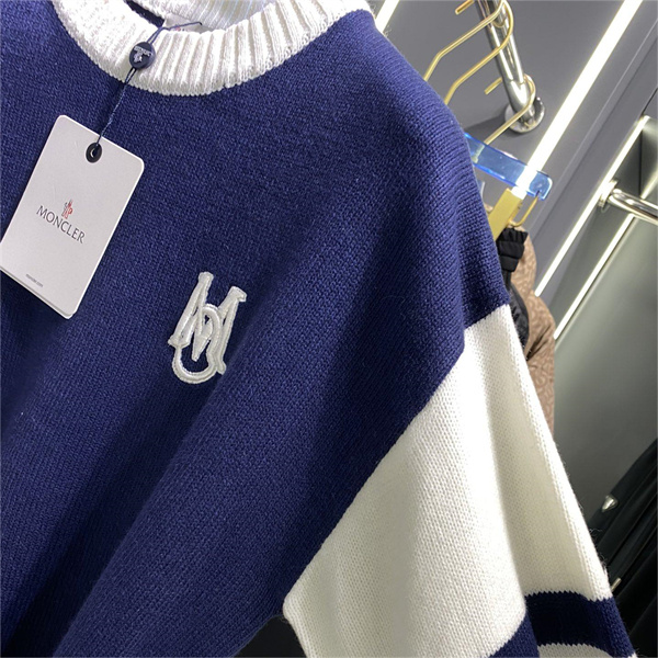 モンクレール コピー セーター ウール クルーネック 白と青 刺繡ロゴ ニット MONCLER