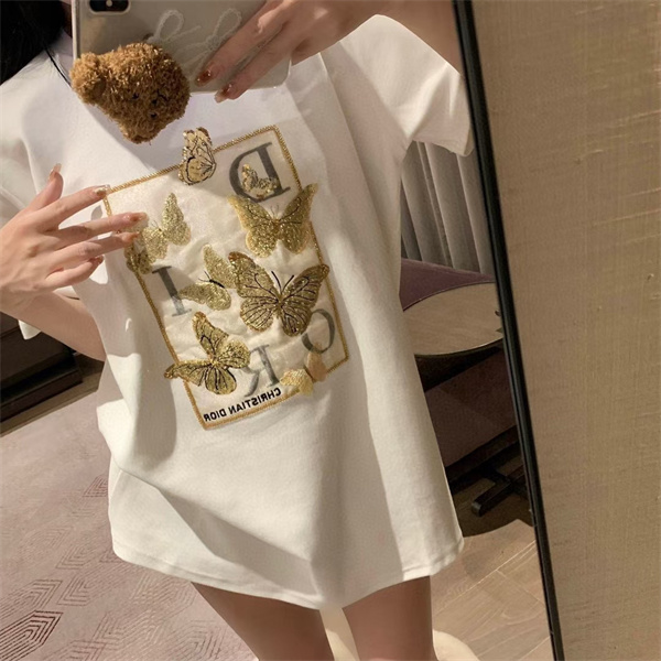 愛らしい ディオール コピー Ｔシャツ 刺繍 蝶々 ゴールド イラスト DIOR