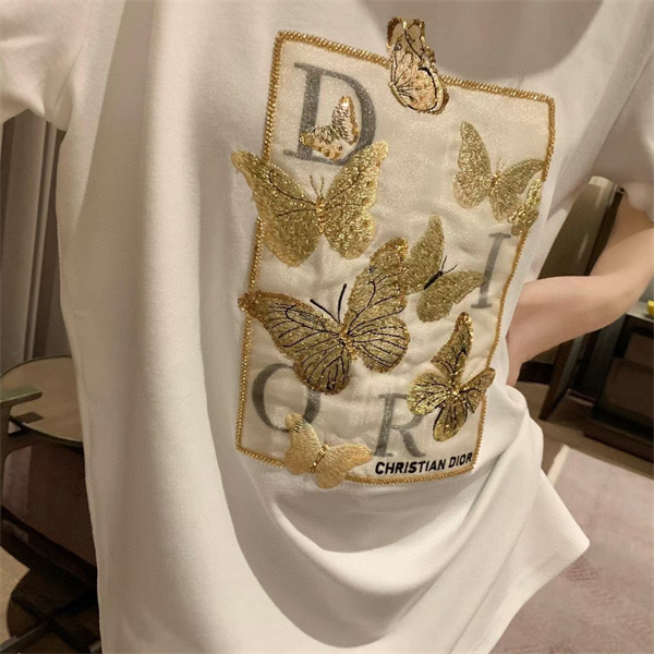 愛らしい ディオール コピー Ｔシャツ 刺繍 蝶々 ゴールド イラスト DIOR