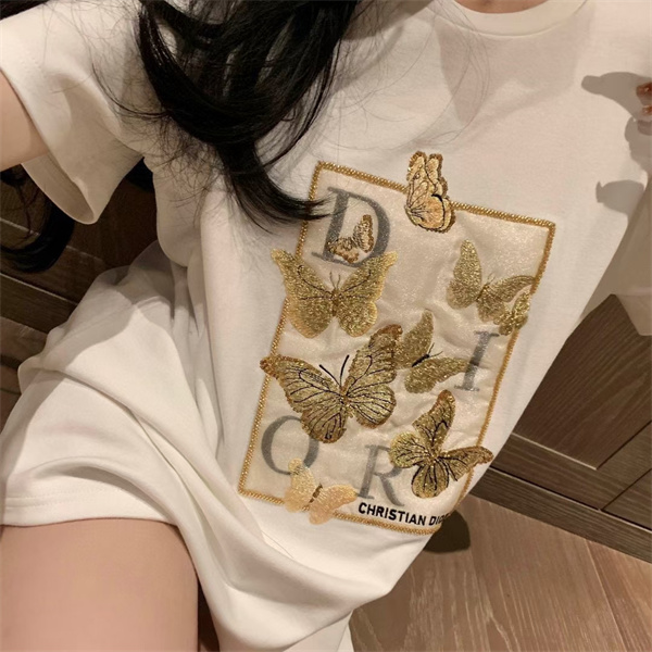 愛らしい ディオール コピー Ｔシャツ 刺繍 蝶々 ゴールド イラスト DIOR