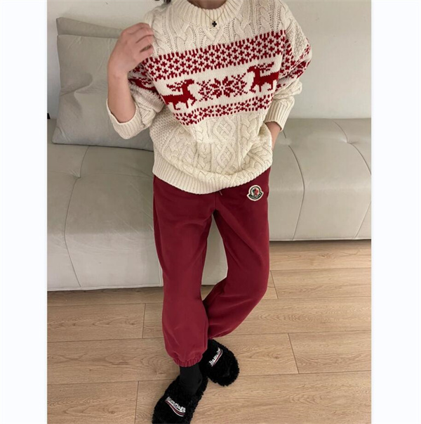 モンクレール コピー スウェットパンツ 裏起毛 クリスマス風 赤色 綿 MONCLER