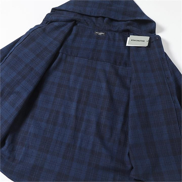BALENCIAGA スーパーコピー フーデッドシャツ チェック柄 フラノ ネイビー バレンシアガ
