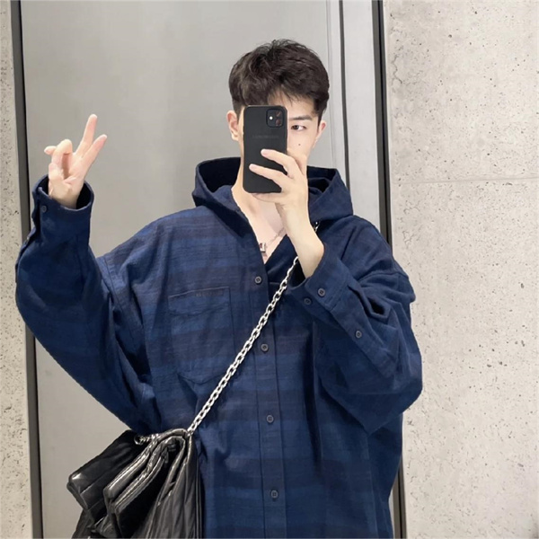BALENCIAGA スーパーコピー フーデッドシャツ チェック柄 フラノ ネイビー バレンシアガ