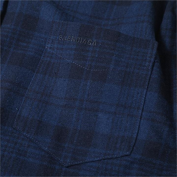 BALENCIAGA スーパーコピー フーデッドシャツ チェック柄 フラノ ネイビー バレンシアガ