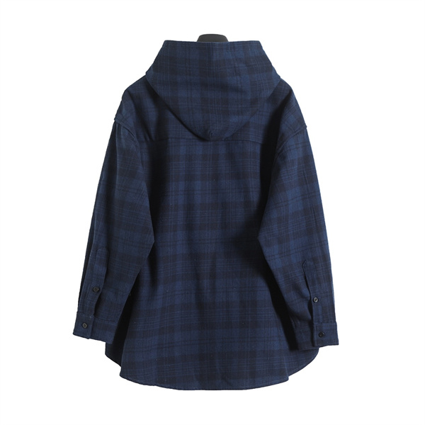 BALENCIAGA スーパーコピー フーデッドシャツ チェック柄 フラノ ネイビー バレンシアガ