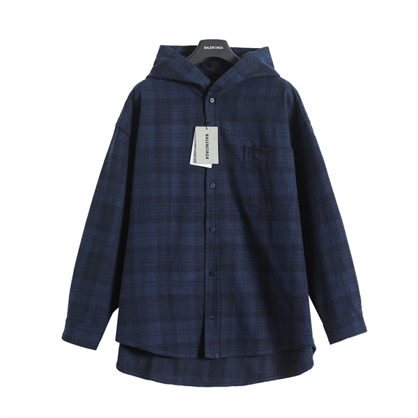 BALENCIAGA スーパーコピー フーデッドシャツ チェック柄 フラノ ネイビー バレンシアガ