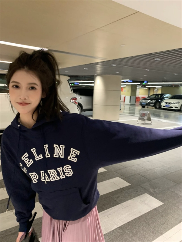 CELINE コピー パーカー 裏起毛 ロゴ プリント レディース マフポケット セリーヌ