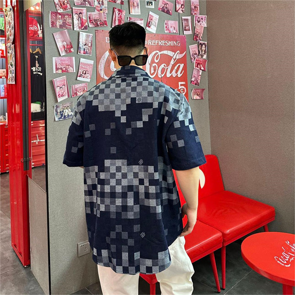 LOUIS VUITTON コピー シャツ SALT PRINT ダミエロゴ デニム 綿 ゆったり ルイヴィトン