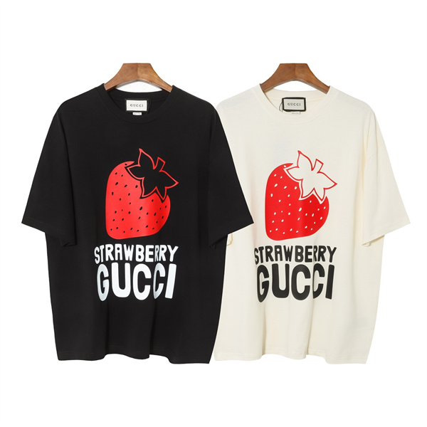 GUCC1 スーパーコピー Tシャツ STRAWBERRY イチゴ ロゴ プリント 純綿素材 2色 