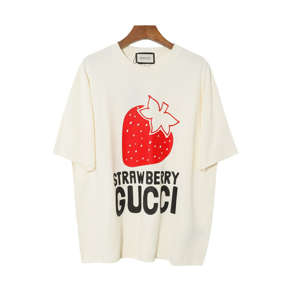 GUCC1 スーパーコピー Tシャツ STRAWBERRY イチゴ ロゴ プリント 純綿素材 2色 