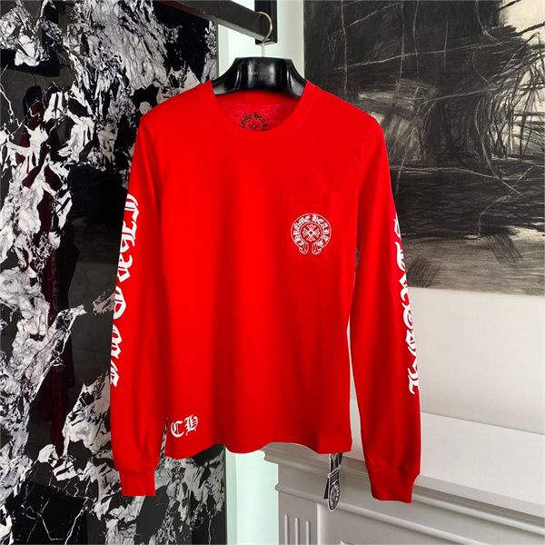 CHROME HEARTS コピー 長袖Tシャツ Red Back Scroll ロゴ プリント レッド 純綿素材 クロムハーツ
