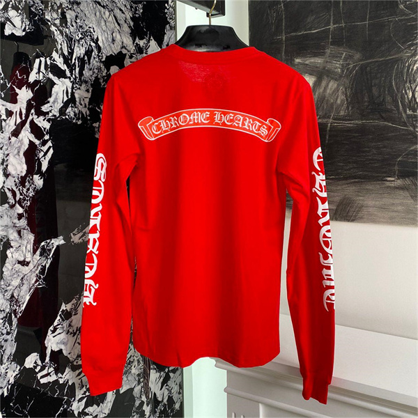 CHROME HEARTS コピー 長袖Tシャツ Red Back Scroll ロゴ プリント レッド 純綿素材 クロムハーツ